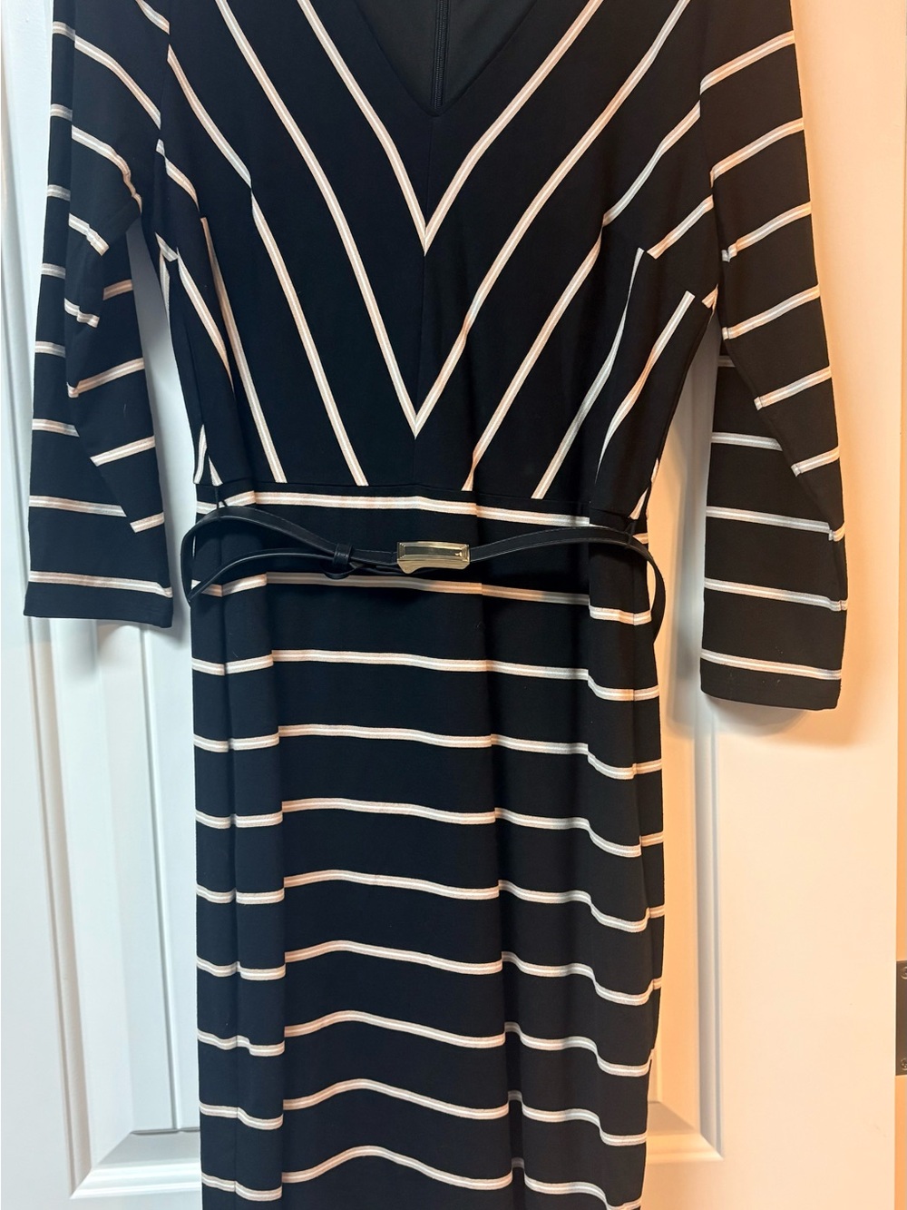 White House Black Market Black and White Striped V-Neck Midi Dress